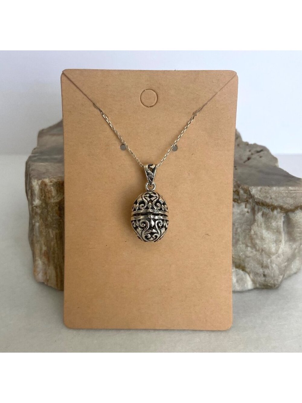 Sterling Silver 925 Pierced Scrollwork Hinged Egg Locket Pendant Necklace 24"